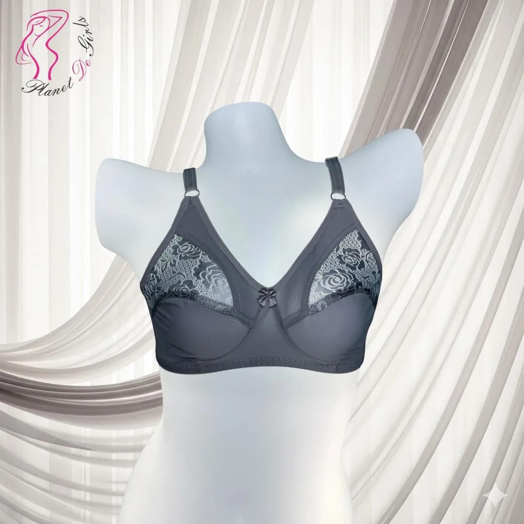 Grey Lace Bra for Women, Half Cup, Breathable, Sizes 32-42
