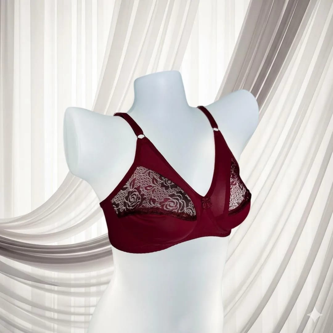 Maroon Lace Bra for Women, Half Cup, Breathable, Sizes 32-42