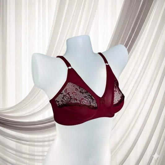 Maroon Lace Bra for Women, Half Cup, Breathable, Sizes 32-42