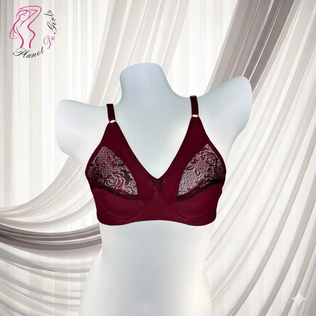 Maroon Lace Bra for Women, Half Cup, Breathable, Sizes 32-42