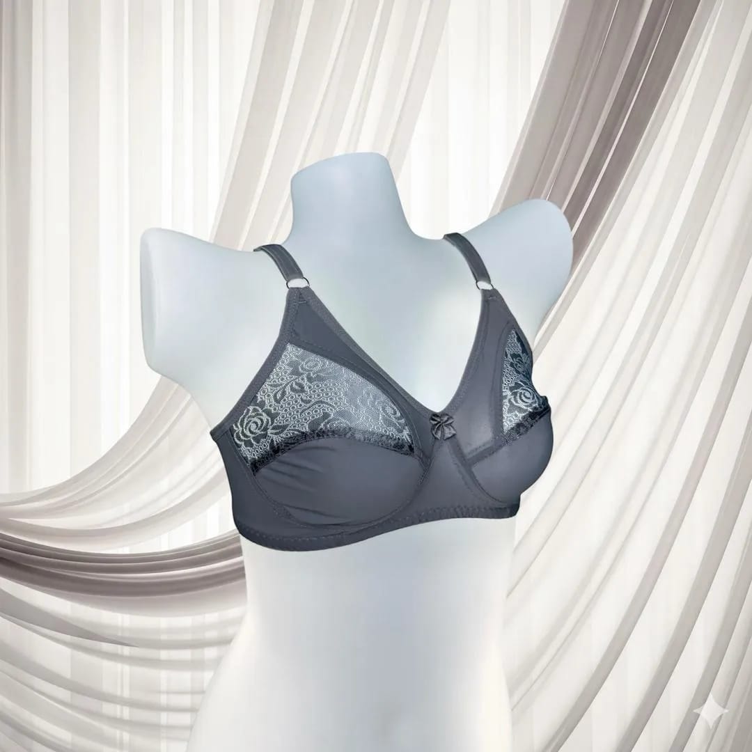 Grey Lace Bra for Women, Half Cup, Breathable, Sizes 32-42