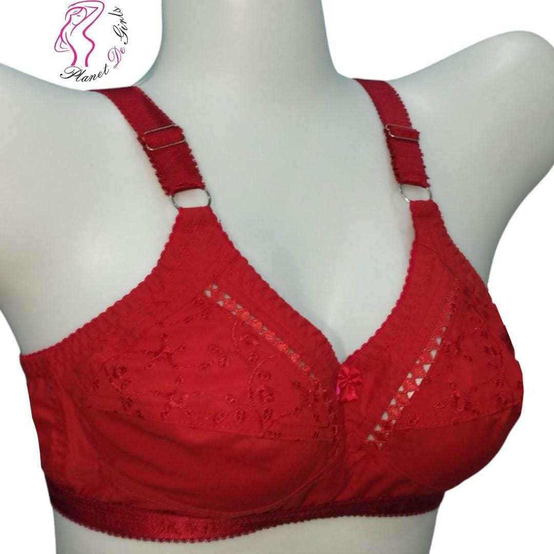 Red Embroidered Net Bra for Women, Non-Padded, Breathable, Sizes 32-42