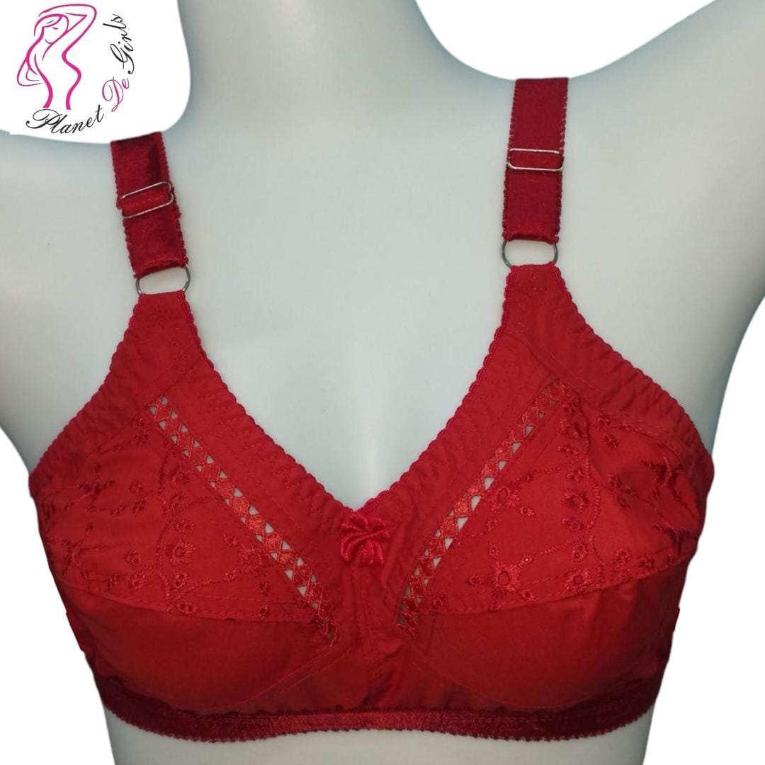 Red Embroidered Net Bra for Women, Non-Padded, Breathable, Sizes 32-42