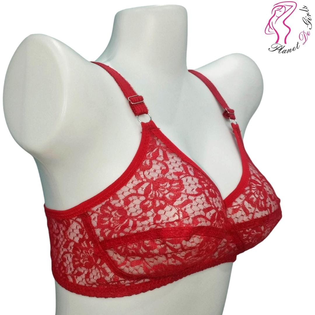 Red Lace Bra for Women, Non-Padded, Sheer Lace, Sizes 32-42