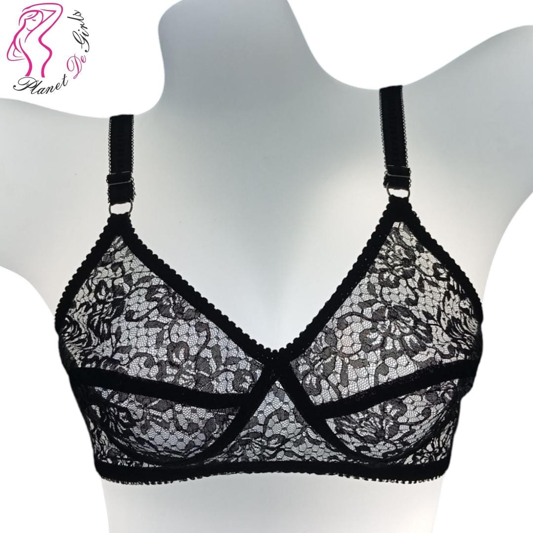 Black Lace Bra for Women, Non-Padded, Breathable, Sizes 32-42